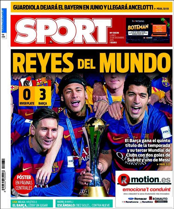 Cover of the newspaper sport, Monday 21 December 2015