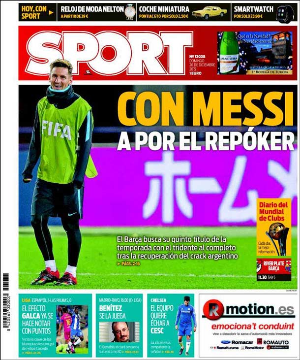 Cover of the newspaper sport, Sunday 20 December 2015
