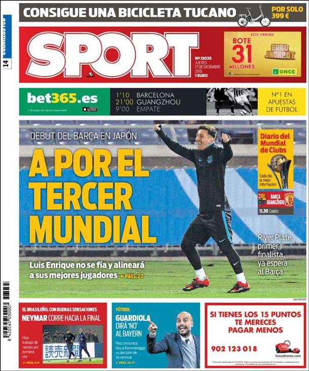 Cover of the newspaper sport, Thursday 17 December 2015