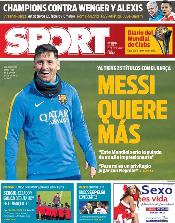 Cover of the newspaper sport, Tuesday 15 December 2015