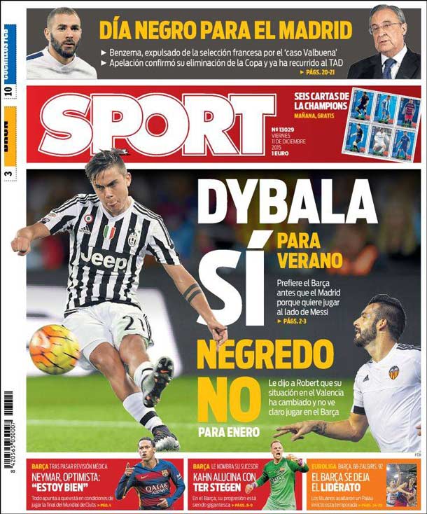 Cover of the newspaper sport, Friday 11 December 2015
