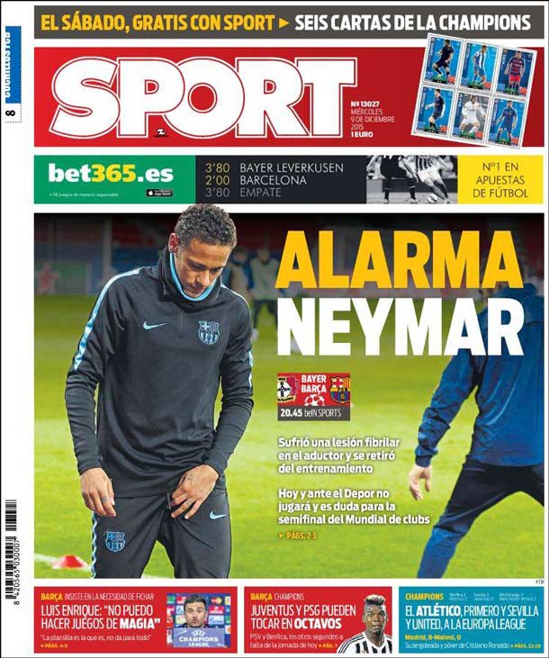 Cover of the newspaper sport, Wednesday 9 December 2015