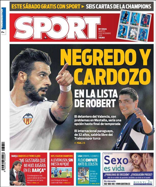 Cover of the newspaper sport, Tuesday 8 December 2015