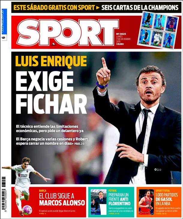 Cover of the newspaper sport, Monday 7 December 2015