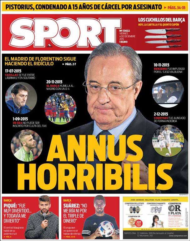 Cover of the newspaper sport, Friday 4 December 2015