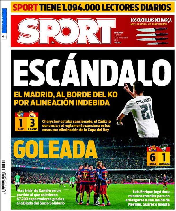Cover of the newspaper sport, Thursday 3 December 2015