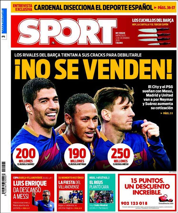 Cover of the newspaper sport, Tuesday 2 December 2015