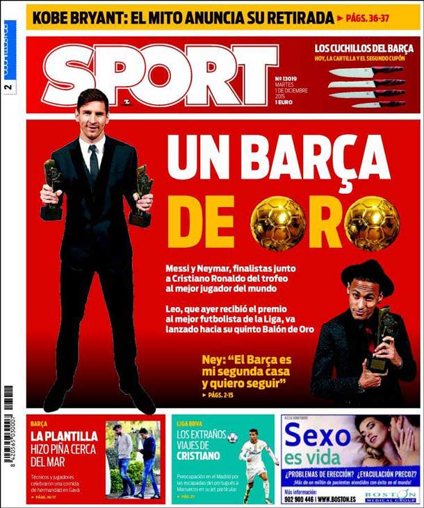 Cover of the newspaper sport, Tuesday 1 December 2015
