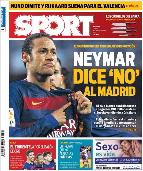 Cover of the newspaper sport, Monday 30 November 2015
