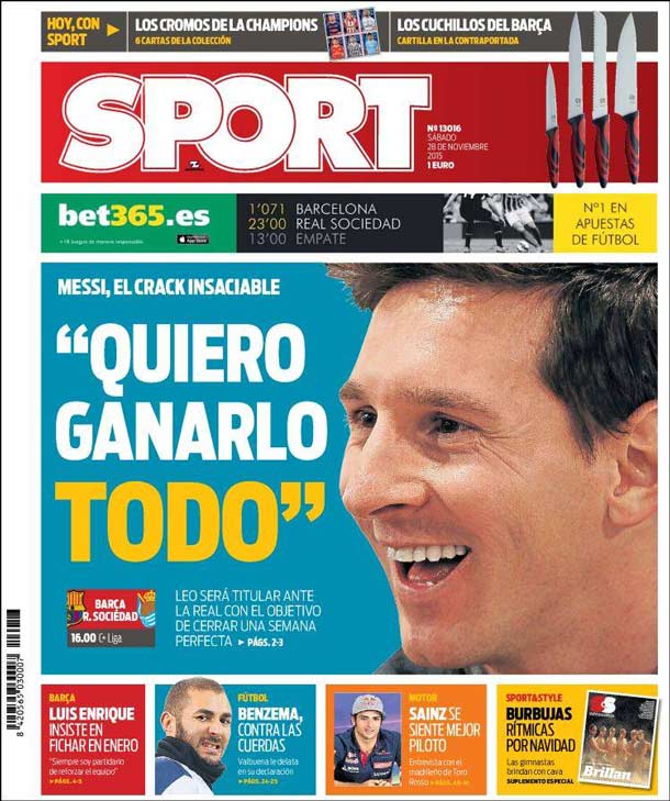 Cover of the newspaper sport, Saturday 28 November 2015