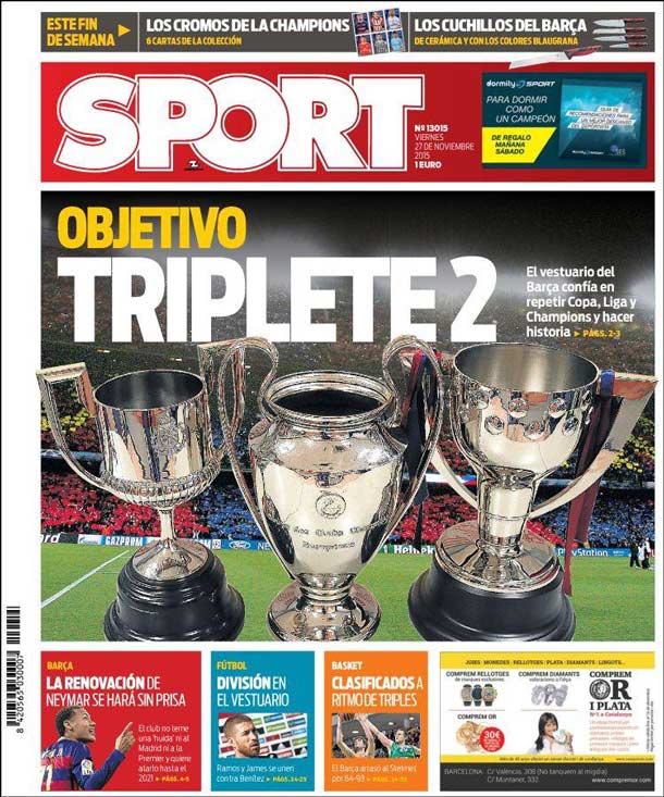 Cover of the newspaper sport, Friday 27 November 2015