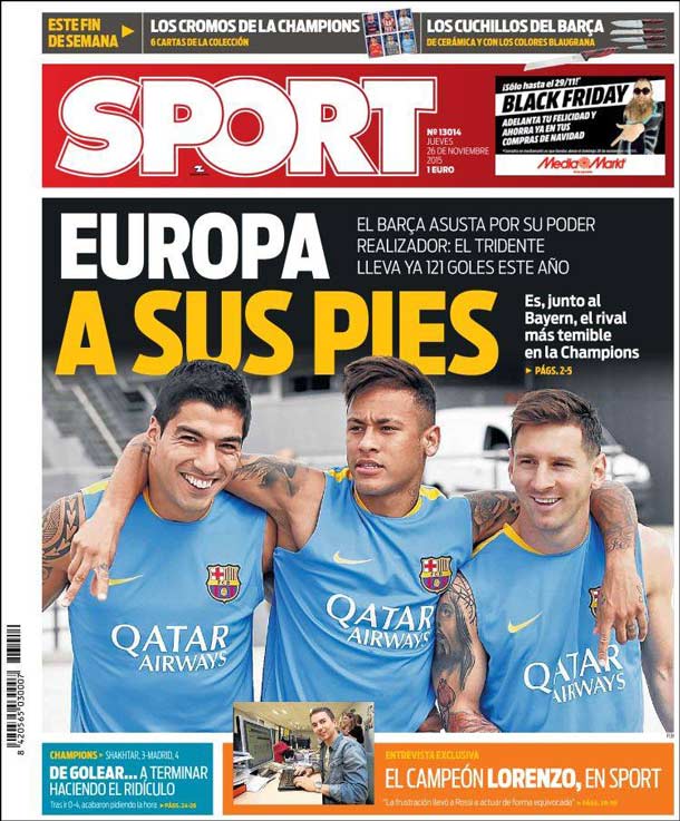 Cover of the newspaper sport, Thursday 26 November 2015