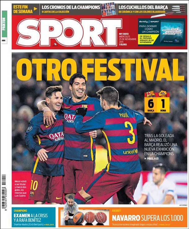Cover of the newspaper sport, Wednesday 25 November 2015