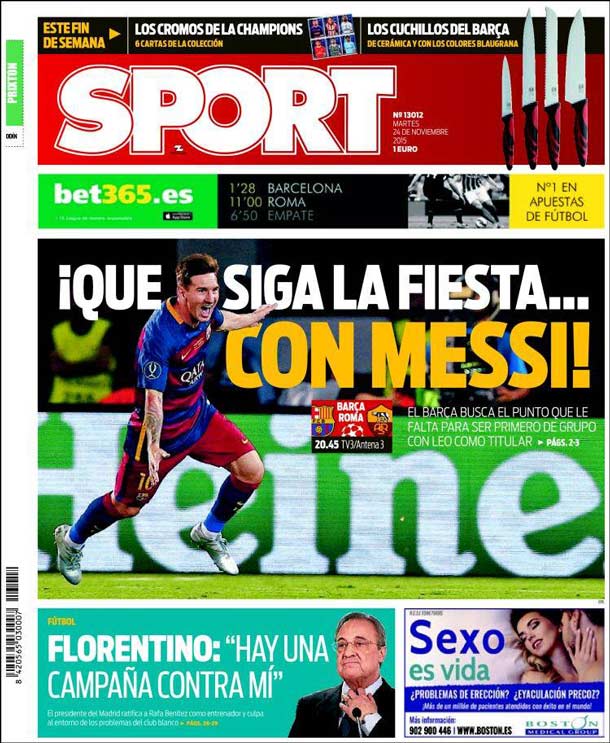 Cover of the newspaper sport, Tuesday 24 November 2015