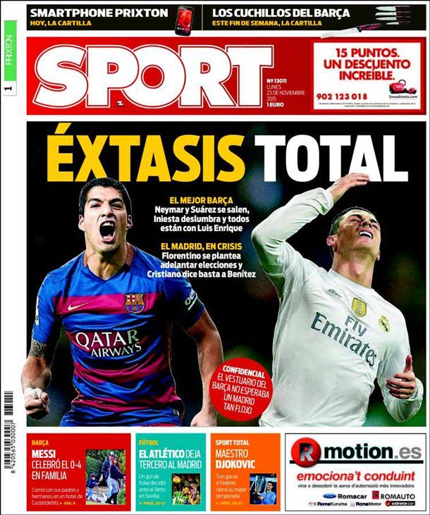 Cover of the newspaper sport, Monday 23 November 2015