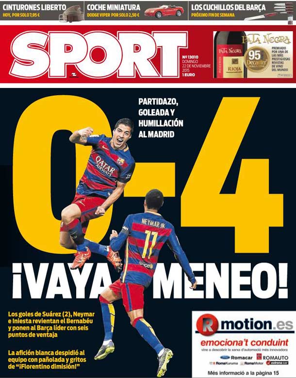 Cover of the newspaper sport, Sunday 22 November 2015