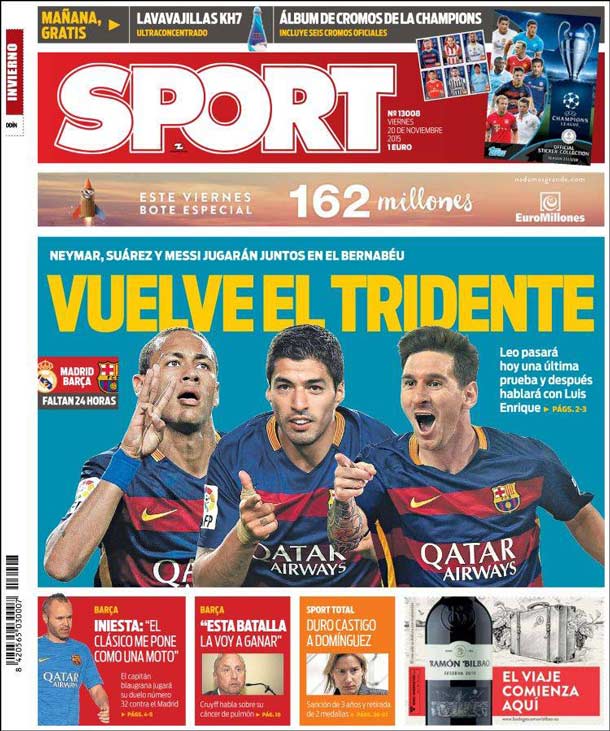 Cover of the newspaper sport, Friday 20 November 2015
