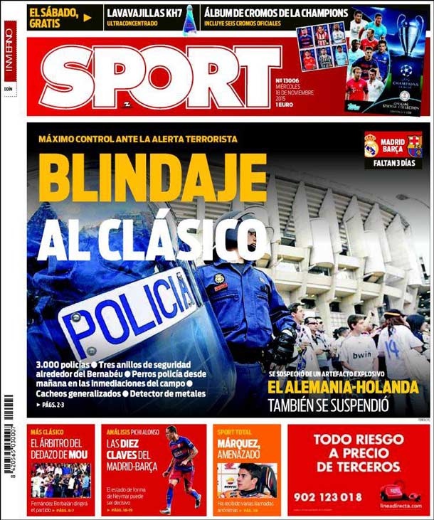Cover of the newspaper sport, Wednesday 18 November 2015