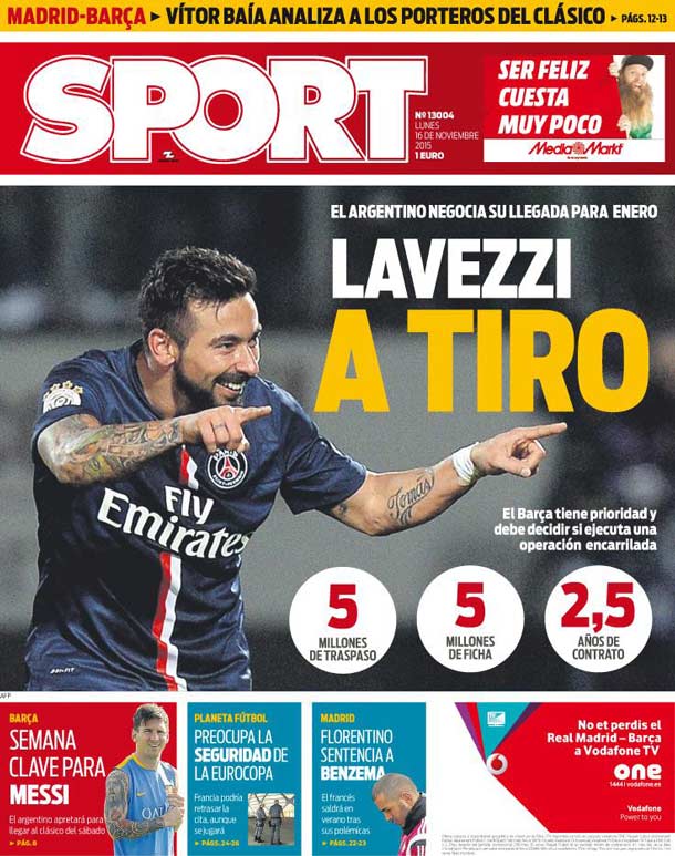Cover of the newspaper sport, Monday 16 November 2015