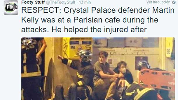 El defensa del crystal palace martin kelly sobrevivió y ayudó a los heridos en uno de los tiroteos en parís