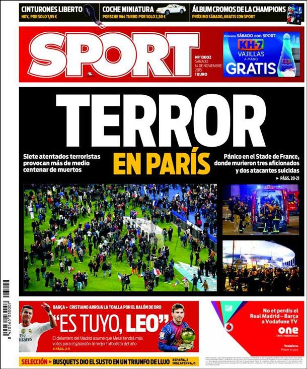 Cover of the newspaper sport, Saturday 14 November 2015