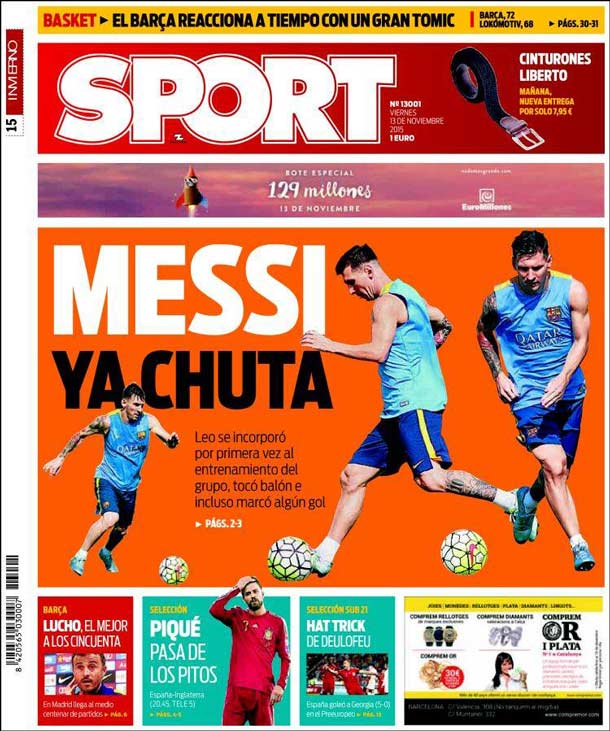 Cover of the newspaper sport, Friday 13 November 2015