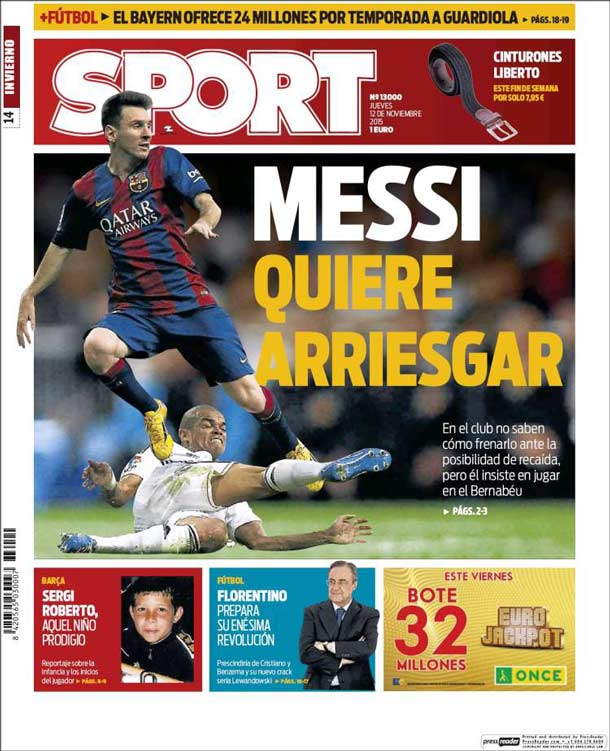 Cover of the newspaper sport, Thursday 12 November 2015