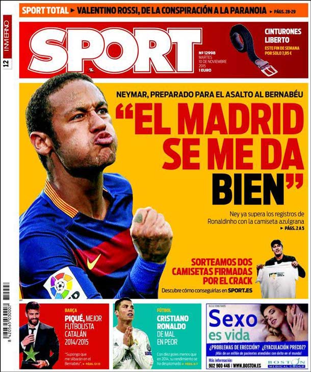 Cover of the newspaper sport, Tuesday 10 November 2015