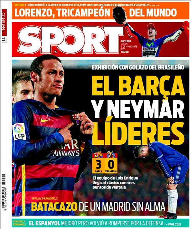 Cover of the newspaper sport, Monday 9 November 2015