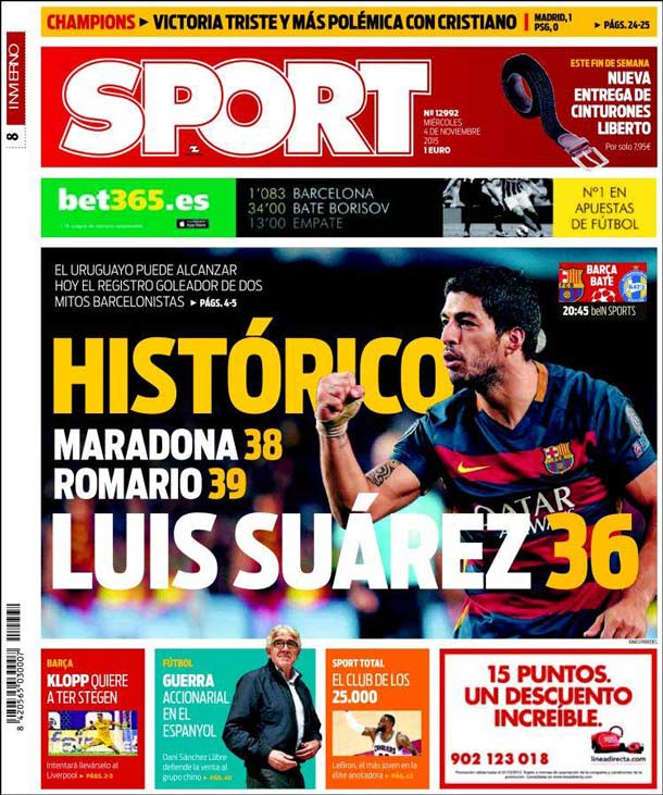 Cover of the newspaper sport, Wednesday 4 November 2015