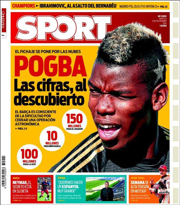 Cover of the newspaper sport, Tuesday 3 November 2015