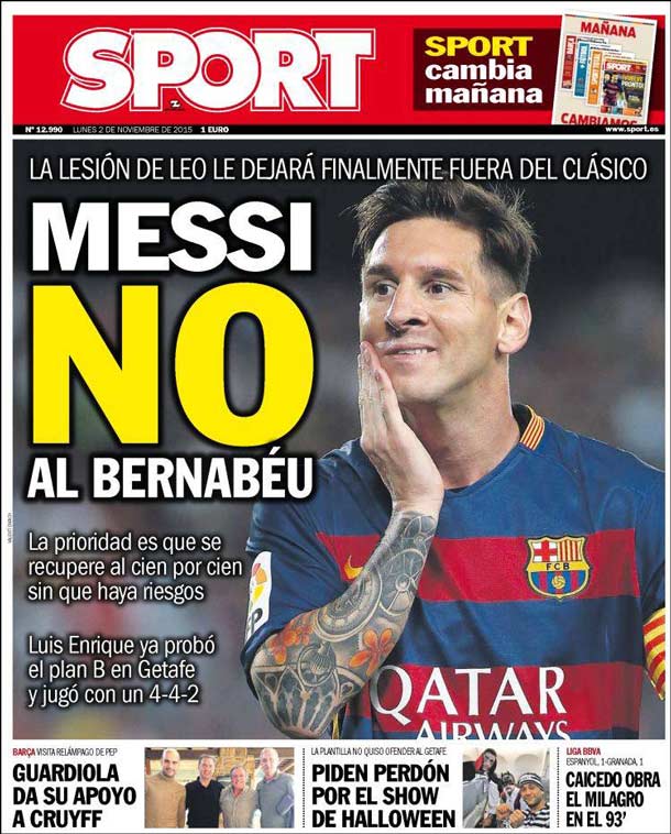Cover of the newspaper sport, Monday 2 November 2015
