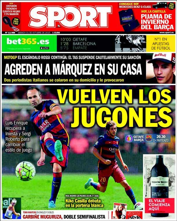 Cover of the newspaper sport, Saturday 31 October 2015