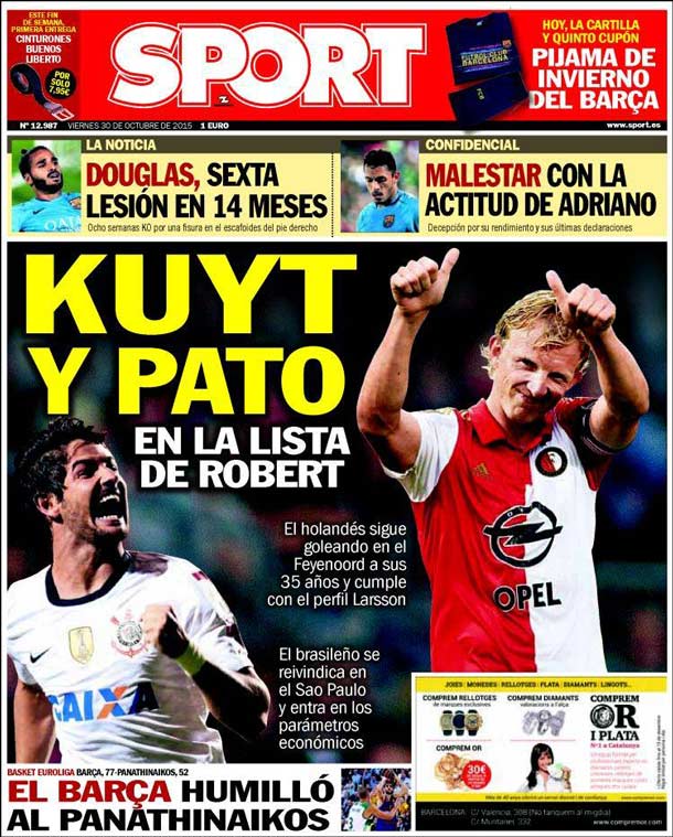 Cover of the newspaper sport, Friday 30 October 2015