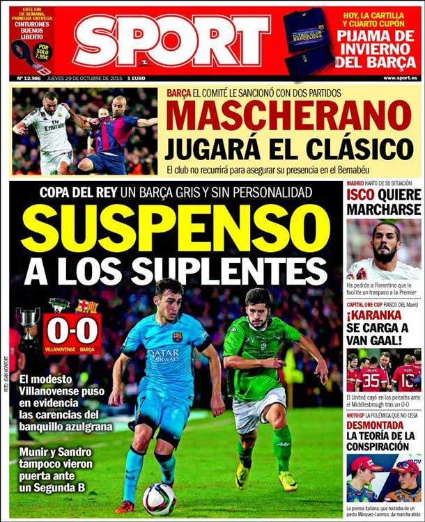 Cover of the newspaper sport, Thursday 29 October 2015