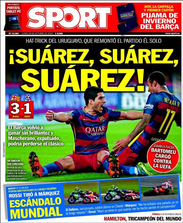 Cover of the newspaper sport, Monday 26 October 2015