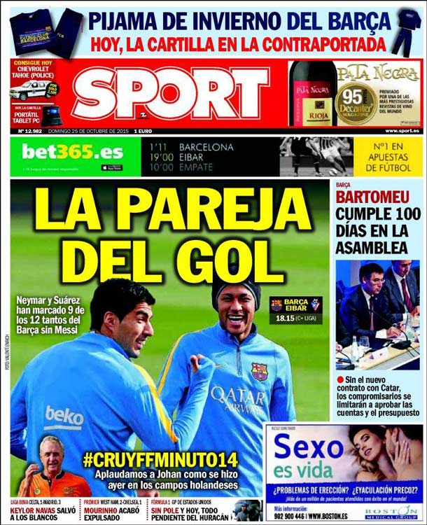 Cover of the newspaper sport, Sunday 25 October 2015