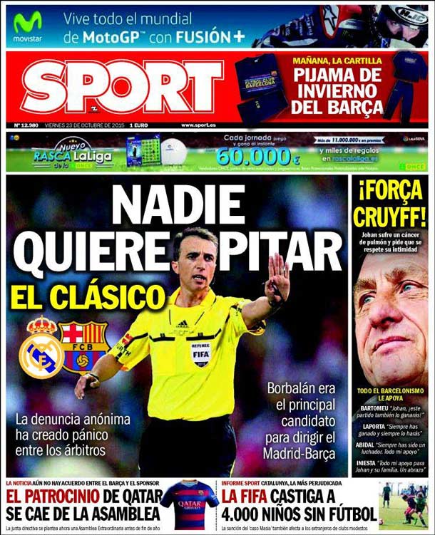 Cover of the newspaper sport, Friday 23 October 2015