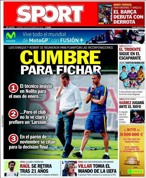 Cover of the newspaper sport, Friday 16 October 2015