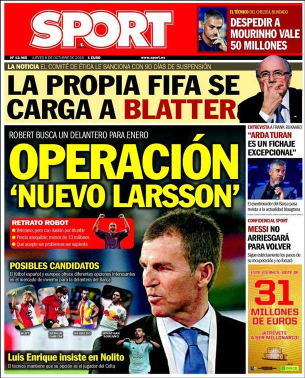 Cover of the newspaper sport, Thursday 8 October 2015