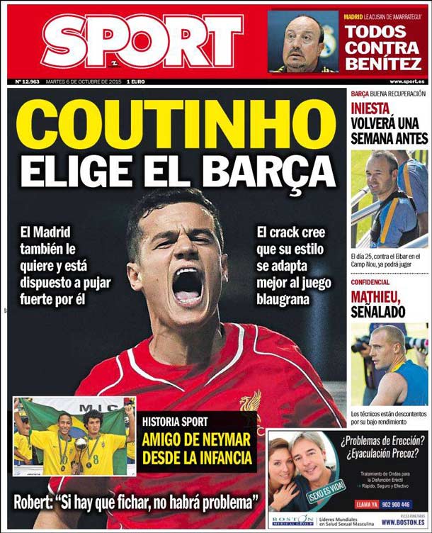 Cover of the newspaper sport, Tuesday 6 October 2015