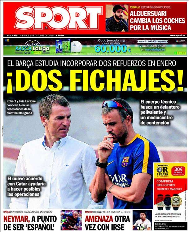 Cover of the newspaper sport, Friday 2 October 2015