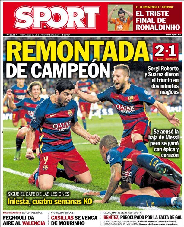 Cover of the newspaper sport, Wednesday 30 September 2015