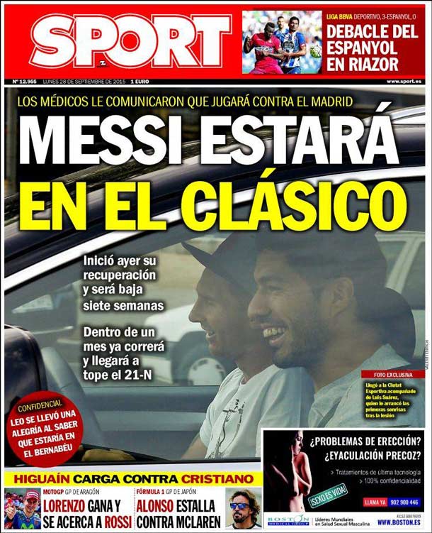 Cover of the newspaper sport, Monday 28 September 2015