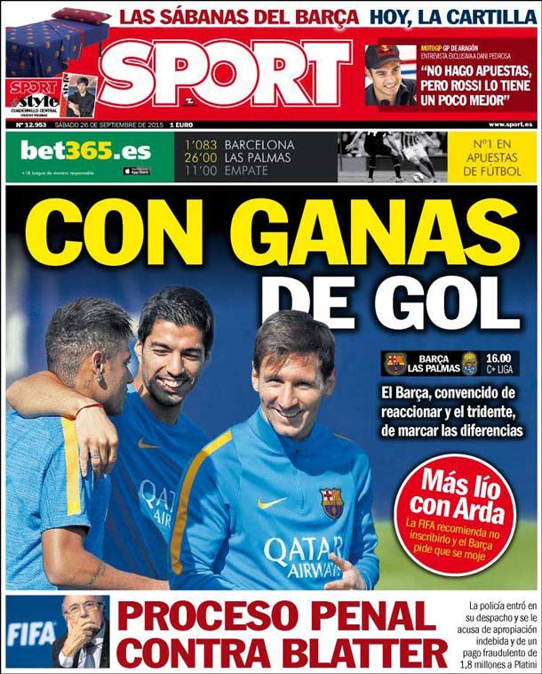 Cover of the newspaper sport, Saturday 26 September 2015