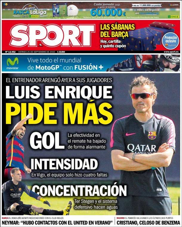 Cover of the newspaper sport, Friday 25 September 2015