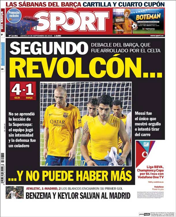 Cover of the newspaper sport, Thursday 24 September 2015