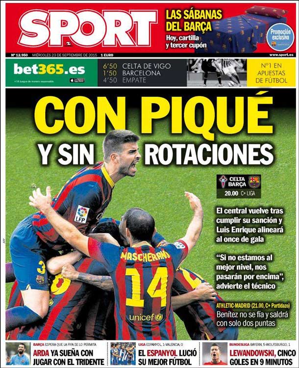 Cover of the newspaper sport, Wednesday 23 September 2015