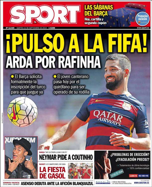 Cover of the newspaper sport, Tuesday 22 September 2015