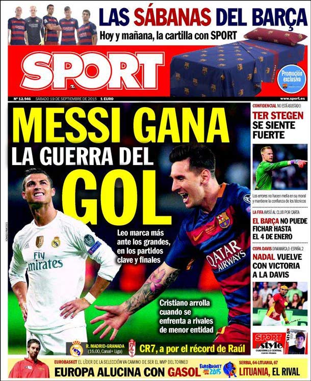 Cover of the newspaper sport, Saturday 19 September 2015